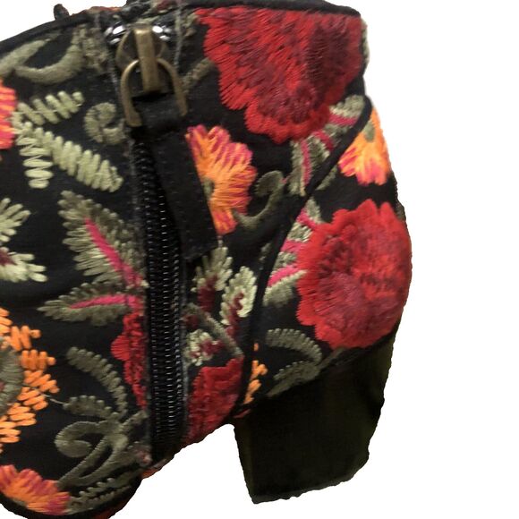 Embroidered Open Toe Black Orange Red Floral Fabric Womens 8.5 Ankle Boot Boho - Picture 8 of 11